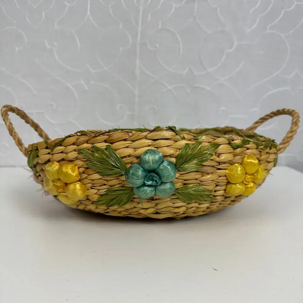 Vintage Handmade Basket 10.5” Woven Raffia Floral Straw Basket w/ Handles
